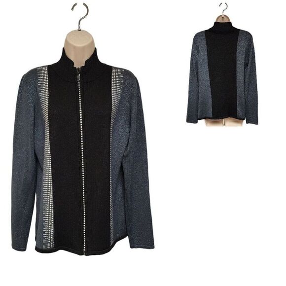 Fontana Black Ribbed Shimmer Jeweled Zip Up Sweater Size Medium - Picture 1 of 5